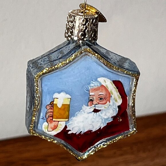 Merck Old World Christmas Santa Claus w/ Beer Inside Art Ornament 2001 Snowflake - Picture 4 of 7